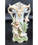 Vintage Porcelain 8&quot; Vase Cherub Boy with Duck Hand Painted Gold Leafing - $44.54