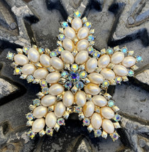 Vintage Estate Coro AB Rhinestone Faux Pearl Flower Star Large 2 1/2&quot; Brooch Pin - £39.46 GBP