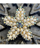 Vintage Estate Coro AB Rhinestone Faux Pearl Flower Star Large 2 1/2&quot; Br... - £39.58 GBP