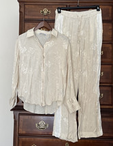 Zara Gold Satin Crinkle Embossed Button Up Top Wide Leg Pants Set M stripe - $34.62