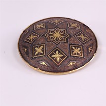 ✅ Vintage Damascene Round Star Gold Plate Brown Engraved Brooch Pin Metal - £7.75 GBP