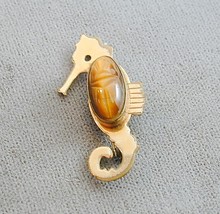 Vintage Gold Filled Figural Seahorse Tiger Eye Scarab Pin WRE W Richards - $29.99