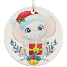 Cute Baby Elephant With Chirtmas Gift Round Ornament Xmas Decor For Animal Lover - £11.90 GBP