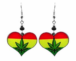 Rasta Striped Cannabis Pot Leaf Hemp Graphic Heart Dangle Earrings - Womens Fash - £11.73 GBP