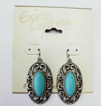 Erica Lyons Silver Tone French Wire Dangle Earrings Blue Silver Scroll Oval New - £11.49 GBP