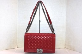 100% Authentic CHANEL Large Le Boy Handbag Red Quilted Calfskin Leather Silver - £3,413.13 GBP