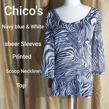 Chico&#39;s Size 0 Navy Blue &amp; White Print Sheer Sleeves Top - £7.84 GBP