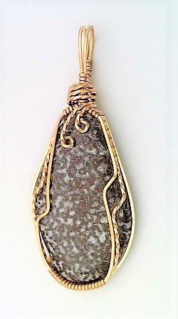 Fossilized Dino Bone Bronze Wire Wrap Pendant 28 - $39.09