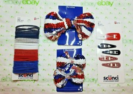 Scunci Elastics Patriotic Set Sequin Bow Barrettes &amp; 5 Piece Snap Clips - £14.07 GBP