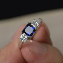 2Ct Cushion Cut Simulated Blue Sapphire Three Stone Ring 14k White Gold Plated - £32.35 GBP