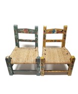 Vintage Folk Art Chairs Hand Painted Woven Straw 1950&#39;s Yellow &amp; Green F... - €57,69 EUR