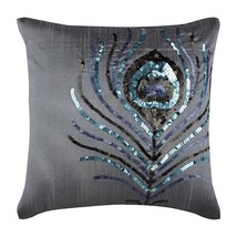 Sequins Peacock Feather Silver Art Silk Pillow Covers 16&quot;x16&quot;, Peacock Feather - £26.79 GBP+