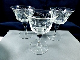 VTG 3 pc Crystal Optic Paneled Glass Etched footed Cordial Goblets Glass... - $34.65