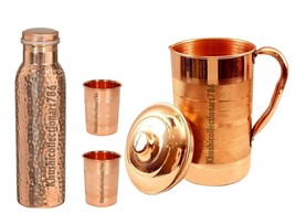 Hammered Copper Water Bottle Water Storage Drinking Pitchers Jug 2 Tumbler Glass - £40.04 GBP