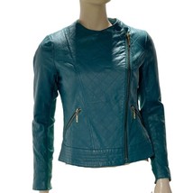 Iman Teal Leather Asymmetrical Moto Jacket XS Zipper Pockets Womens Size... - £34.80 GBP