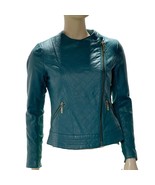 Iman Teal Leather Asymmetrical Moto Jacket XS Zipper Pockets Womens Size... - $855.11 MXN