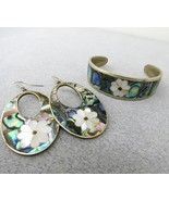 Alpaca Silver Metal Inlaid Abalone Cuff Bracelet &amp; Pierced Earrings Set ... - $564.31 MXN