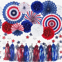 Patriotic Party Pack: 25Pcs 4th of July Decor Set - Hanging Paper Fans, Pom Poms - $49.49