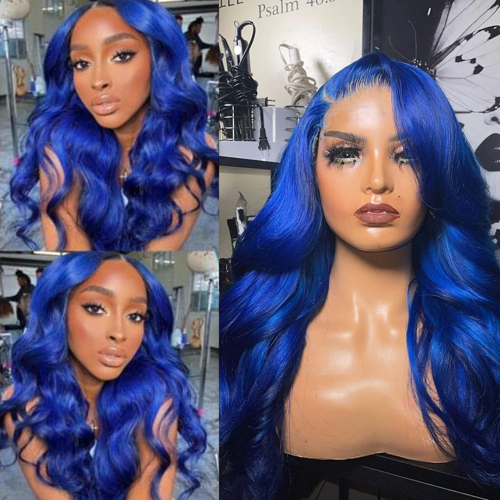 RONGDUOYI Sapphire Blue Color Body Wave Synthetic Wig Blue Long Wavy Gluele - £45.63 GBP+