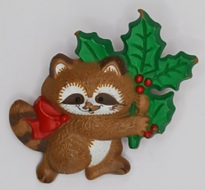 Hallmark Christmas Brooch Pin Raccoon Holly Branch Brown Red Green Plast... - $10.54