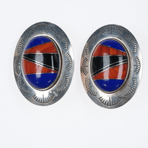 Large Retro southwestern sterling channel inlay stone Clip-on earrings - $143.55