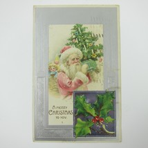 Vintage Christmas Postcard Santa Tree Candles Toys Holly Silver Embossed Antique - £16.01 GBP