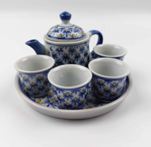 Miniature blue and white children toy tea set tea party birthday decor gift girl - £24.32 GBP