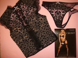 Victoria&#39;s Secret 36C HIGH-NECK CORSET bustier thong Chantilly Lace BLAC... - $148.49