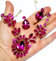 Hot Pink Rhinestone Austrian Crystal Choker Necklace Earring Set Pageant Drag Ex - £41.08 GBP