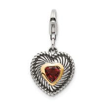 Sterling Silver 14K Gold Garnet Antiqued Charm Pendant Jewelry 24mm x 12mm - £54.24 GBP