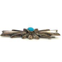 Vintage Sterling Silver Southwest Navajo Repousse Turquoise Stone Bar Brooch Pin - £67.67 GBP