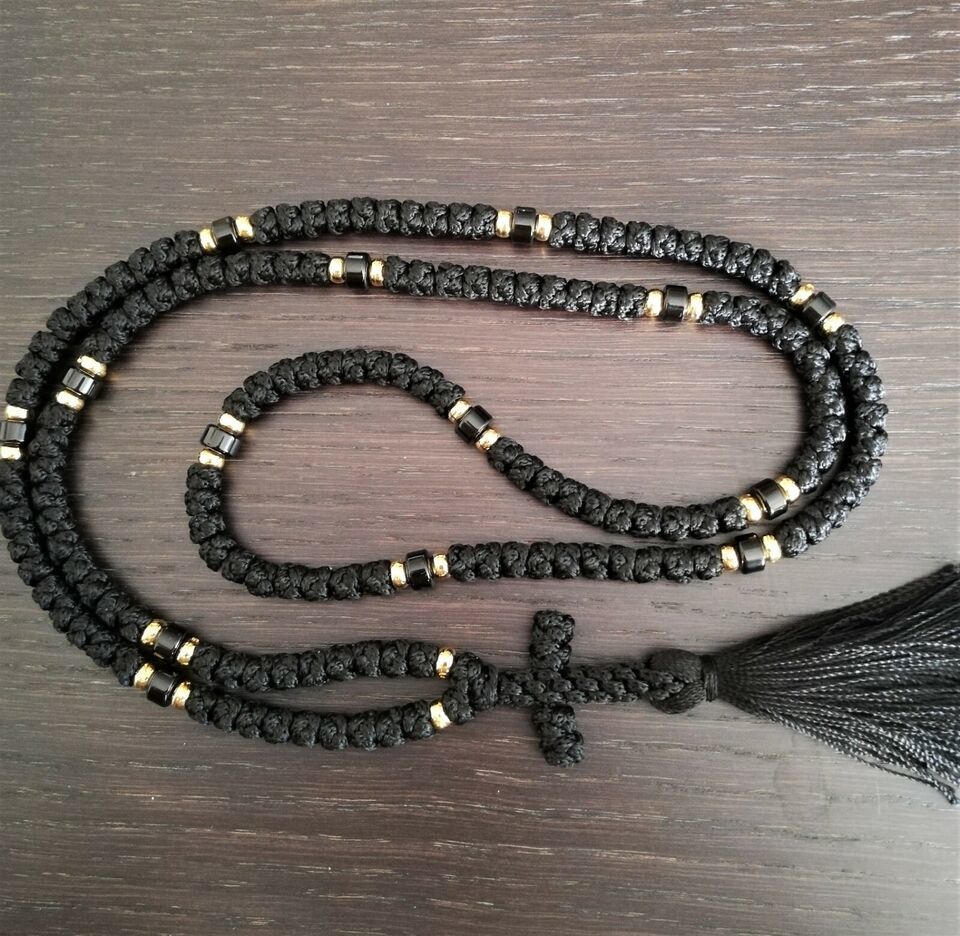 150 knot Black Komboskini Orthodox Prayer Rope Easter gift Eastern rosary  - $59.56