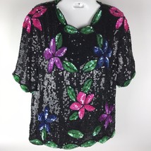 Vintage Top STENAY Sequined Beaded Floral Scalloped Silk Blouse S Art To Wear - £27.25 GBP