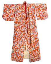 Japanese Children's Kimono  VTG Orange Floral Print WW2 Era 1945 - $65.79