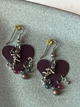 Thin Brown Enamel Heart w SIlvertone Cherub &amp; Tiny Bead Dangle Earrings for Pier - £7.46 GBP