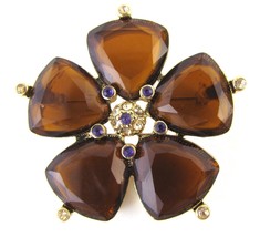 Monet Brown Flower Brooch Clear Stone Gold Purple Rhinestone 2&quot; Signed Pin vtg - £17.92 GBP