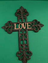 NWOT - Verdigris Green Wrought Iron Decorative Scroll LOVE Wall Cross - £5.48 GBP