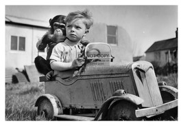 Young Boy Giving His Pet Chimp A Ride In Toy Car Vintage Historical 4X6 Photo - £6.33 GBP