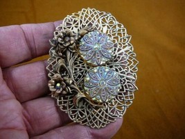 (z30-8) Yellow orange star flower Czech glass button filigree brass brooch pin - £27.32 GBP