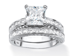 Princess Cut Cz Wedding 2 Ring Set Band Platinum Sterling Silver 6 7 8 9 10 - £160.84 GBP