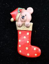 Vtg Teddy Bear in Stocking Pin w/ Gilded Accents Christmas Winter Gift H... - $14.99