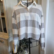SO Sz S Gray White Striped Cropped Rugby Shirt Preppy Y2K Casual Streetwear - $21.78