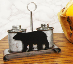 Galvanized Metal Western Rustic Black Bear Salt &amp; Pepper Shakers Holder ... - £19.74 GBP