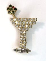 Sparkling Rhinestone Martini &amp; Green Olive Brooch Pin Signed Bauer Gold Tone - £39.17 GBP