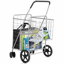 Jumbo Basket Folding Shopping Cart With Swiveling Wheels And Dual Storage Basket - £143.60 GBP