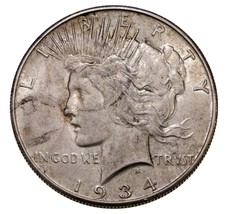 1934-S Silver Peace Dollar in About Uncirculated AU Condition, Nice Luster - $500.39