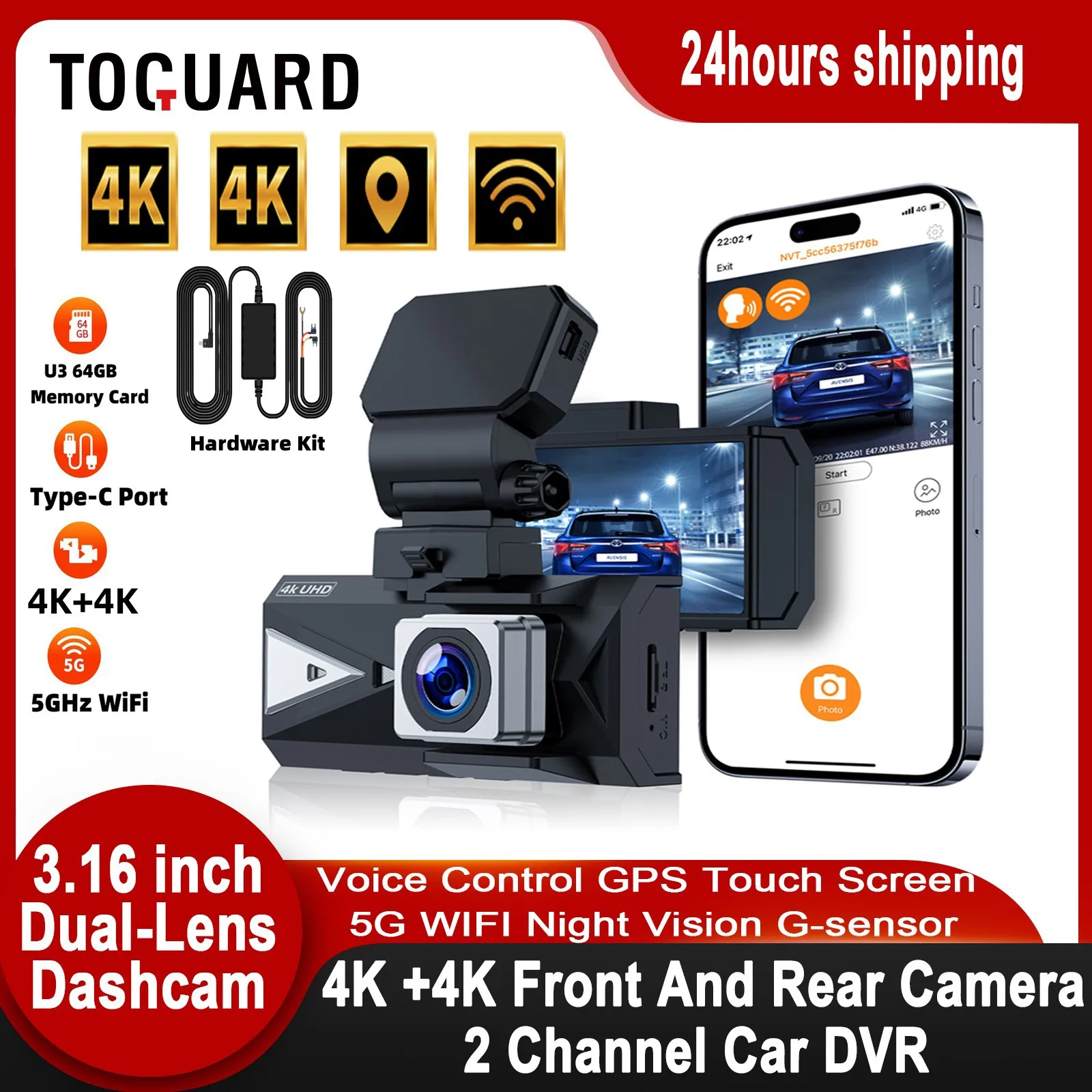TOGUARD Dual 4K Lens DashCam 3840*2160P 4K+4K Front Rear 5Ghz WiFi Voice Control - £175.36 GBP+