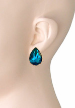 1.1/8&quot; Long Teardrop Clip On Evening Earring Indigo Blue Crystal Costume Jewelry - £11.58 GBP