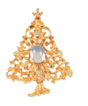 Christmas Tree Pin Gold Tone with Rhinestones and Cabochon 2 Inches - £7.56 GBP
