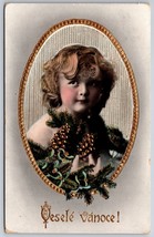 Merry Christmas Vesele Vanoce! Czech Christmas Child Pine Cone DB Postcard K12 - £10.02 GBP